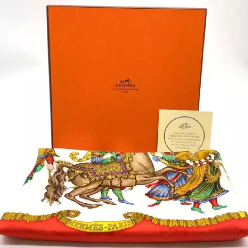 Auth. HERMES PARIS les fetes du roi soleil Red Scarf